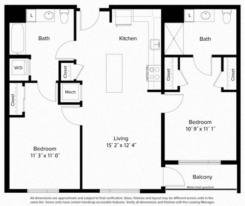 Floor plan for 2 beds, 2 baths, 943 sqft